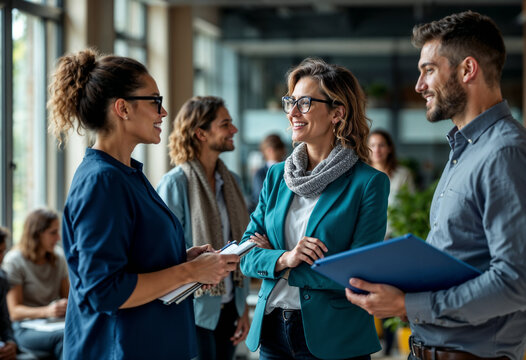 Professional Colleagues Engaging in a Lively Office Conversation

