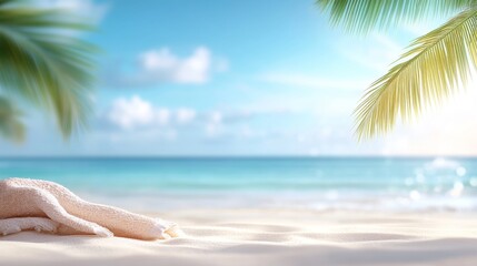 Fototapeta premium Serene Tropical Beach Scene with Soft Sandy Shore, Gentle Ocean Waves, and Lush Palm Leaf Fronds Under a Bright Clear Sky Inviting Relaxation and Tranquility