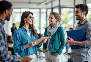 A diverse group of professionals are smiling and interacting in an office setting, reflecting collaboration and teamwork. The atmosphere is positive and engaging, emphasizing communication and unity.
