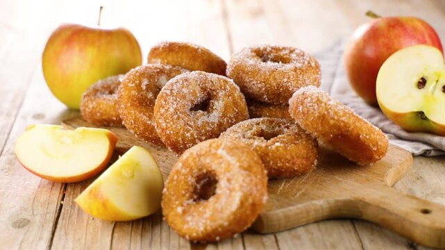 apple donut with sugar on board