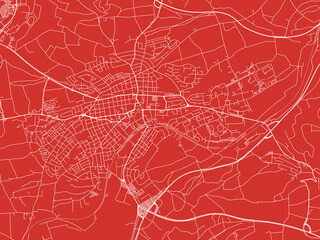 Christmas Map of Schwenningen, Germany in Snowy White on Festive Red Background.