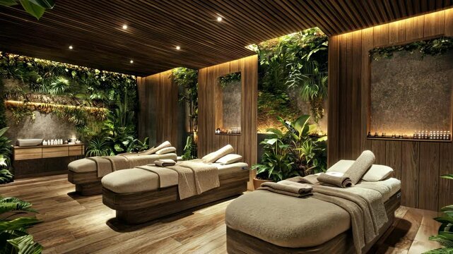 Luxurious spa treatment rooms offer a tranquil escape surrounded by lush greenery