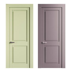 Two doors, one green and one purple, are shown side by side