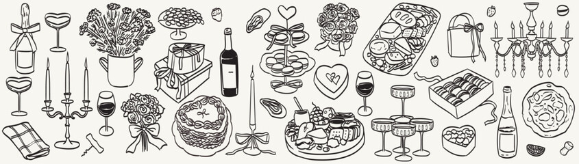 Hand drawn chalk food illustrations. Wedding dinner icons. Wine or champagne glass tower, cheese, charcuterie drawings for birthday invitations, cafe menu, parties. La dolce vita italian sketch style.