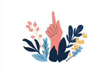 Fototapeta premium Minimalist Illustration of a Raised Hand Pointing Upward Surrounded by Flowers on White Background