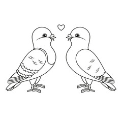 Loving Birds with heart. White Pigeons. Peace Doves. Coloring Page for kids. Vector Illustration.
