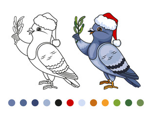 Christmas pigeon coloring page with palette. Happy New year peace dove with olive branch in Santa hat. Vector Illustration.