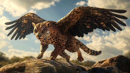 A majestic creature with leopard features and stunning wings, showcasing the beauty of fantasy wildlife.