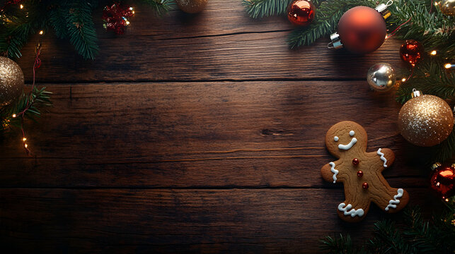 un fondo de una mesa de madera con un marco de docoraciones navideñas con ramas de pino y esferas con una galleta de un muñeco de jengibre para tarjeta de navidad