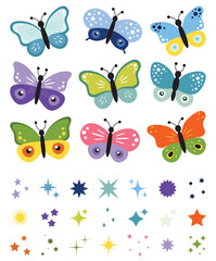 Set of color butterflies, collection of silhouettes. Butterfly colorful, flying shape, vector design. Abstract modern monarch butterfly contours for decoration. Magical sparkle, glow, stars, shine set