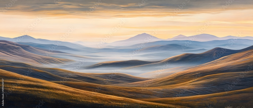 Poster serene landscape at dusk: rolling hills and soft fog in a panoramic view of nature's beauty under a 
