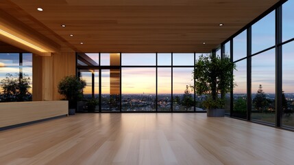 Obraz premium Expansive view of a city skyline at sunset from a modern minimalist room with large windows and hardwood floors.