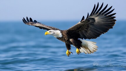 A majestic eagle soaring above the ocean, showcasing its powerful wings and sharp gaze in pursuit of its prey.