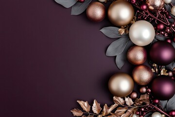 Deep plum background with metallic champagne elements, complemented by rose gold, slate gray, and pearl white accents