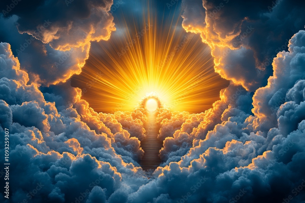 Poster a breathtaking vision of a staircase winding upward into the sky, surrounded by layers of luminous c