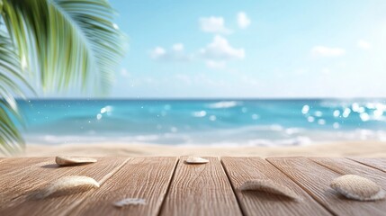 Fototapeta premium Tranquil Beach Scene with Wooden Deck, Seashells, Tropical Palm Leaves, and Gentle Waves Under a Bright Blue Sky for Relaxation and Vacation Inspiration