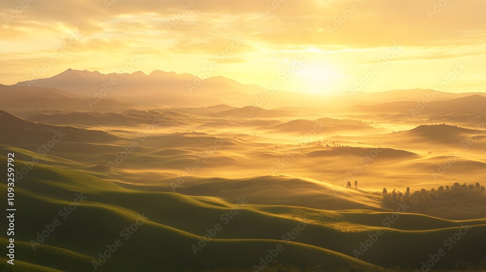 Poster serene sunrise over rolling hills and misty valleys in a golden landscape with mountains in the back