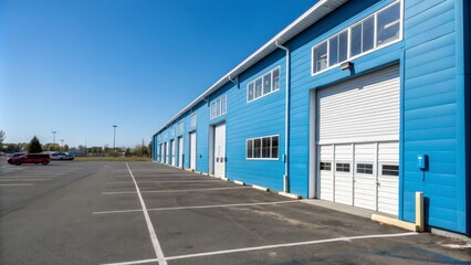 Naklejka premium Blue Warehouse with White Windows in an Empty Parking Lot – High Depth of Field Photography