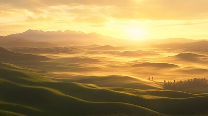 Obraz premium Serene Sunrise Over Rolling Hills and Misty Valleys in a Golden Landscape with Mountains in the Background and a Calm Atmosphere