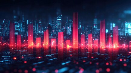 A digital landscape featuring glowing red data bars against a futuristic city backdrop.