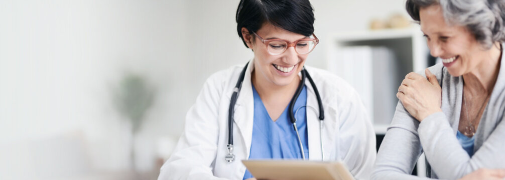 Women, patient or doctor with test results at hospital for good news, physician advice or healthcare. Happy mature person, mockup space and file for medical records, assessment and diagnosis report - Powered by Adobe