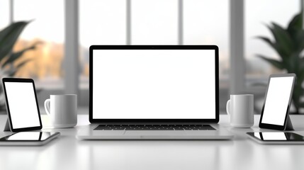 Fototapeta premium A clean workspace featuring a laptop, two tablets, and coffee mugs. Modern minimalist aesthetic.
