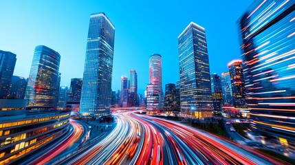 Naklejka premium A futuristic cityscape filled with illuminated skyscrapers, smart streets, and a dynamic urban environment.