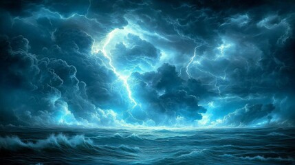 Dramatic Stormy Ocean With Lightning Under Dark Clouds