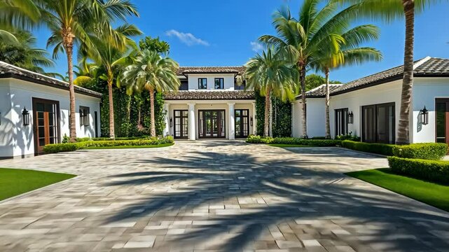 Impressive Florida estate boasts a grand entrance midday sun casting palm tree shadows on the expansive driveway