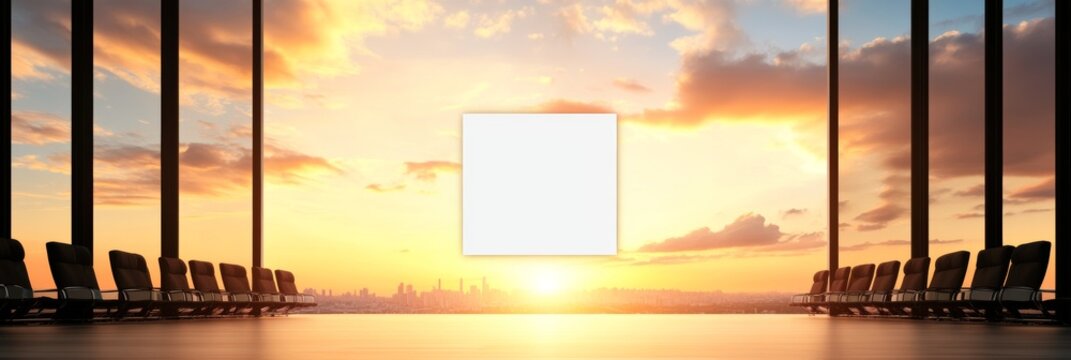 Serene sunset view from an airport waiting area. Empty chairs await passengers against a warm, golden sky.