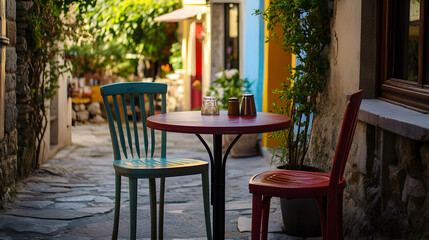 un paisaje de una mesa y sillas de un restaurante o fonda al exterior en las calles de un pueblo pintoresco estilo rustico destinos turiscos