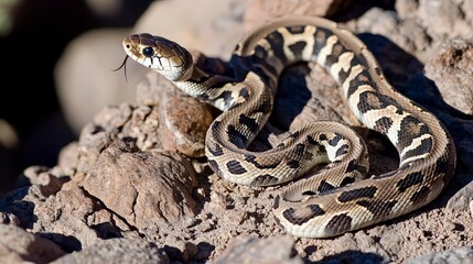 Obraz premium A brown and black snake rests on rocks, its tongue flicking.