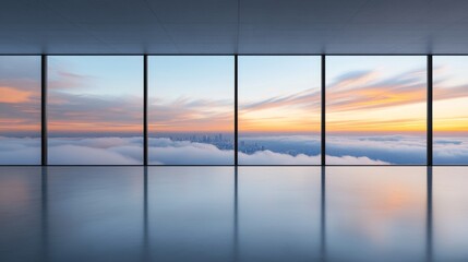 Fototapeta premium Stunning sunrise view from a skyscraper. The city skyline is visible through a layer of clouds, creating a breathtaking panorama of warm colors and soft light.