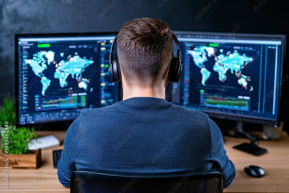 Poster A futuristic analytic control room with AI-powered dashboards tracking global data in real time