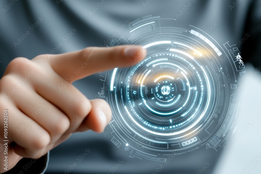 Poster A futuristic concept representing the transition from 2024 to 2025, featuring a person pointing at a glowing loading bar showing progress between the two years. Surrounding the scene are icons