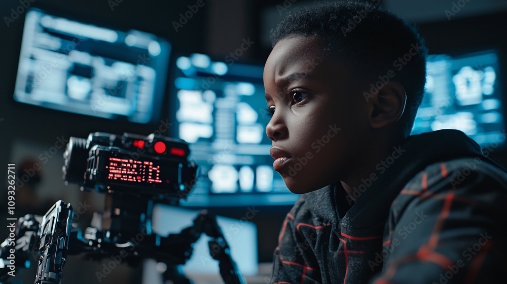 Poster student manipulating digital code and 3d robots in futuristic vr classroom