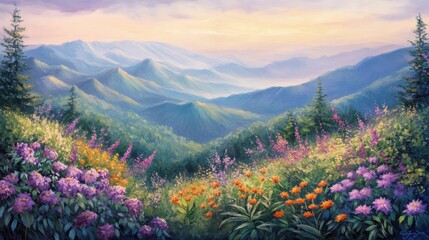 Obraz premium Serene Mountain Landscape with Vibrant Wildflowers and Soft Morning Light Illuminating the Rolling Hills and Majestic Peaks in a Tranquil Atmosphere