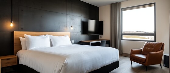 Modern hotel room featuring a bed, TV, and seating area.