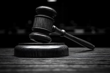 A wooden gavel on a wooden surface against a dark background