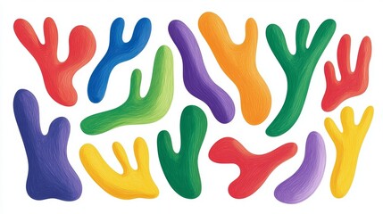 Dynamic visual harmony is created by abstract shapes in bright violet, green, orange, and red.