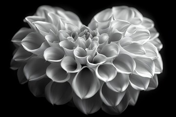 A monochrome photograph of a heart-shaped dahlia flower on a black background