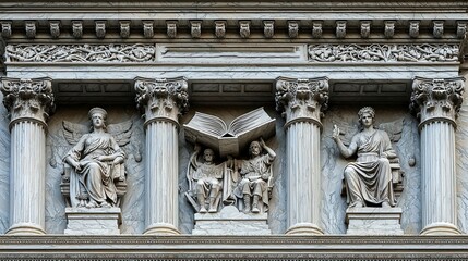 Fototapeta premium Detailed Architectural Facade of Courthouse with Richly Sculpted Figures Depicting Justice, Knowledge, and Peace in Classical Style