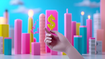 Modern banking and digital transactions are represented by a hand reaching for a digital dollar symbol among floating financial icons.