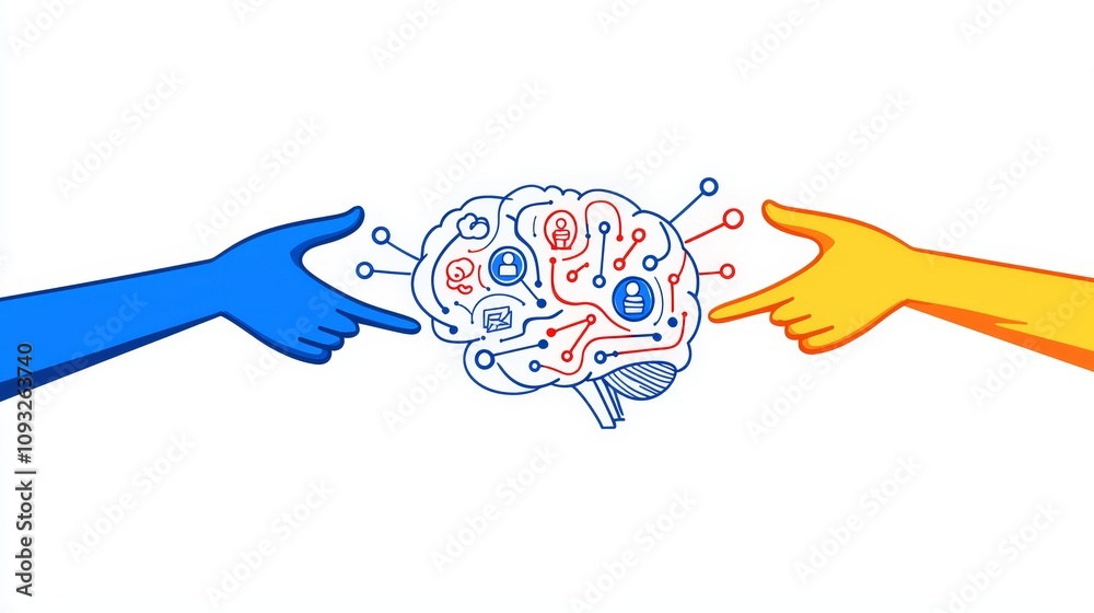 Poster hands interacting with neural networks and brains as symbols of deep learning.