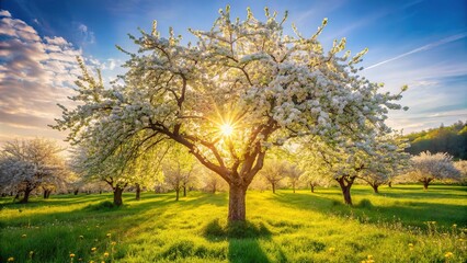 Fototapeta premium Blooming Apple Tree Long Exposure Dreamy Landscape