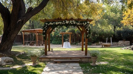 Obraz premium Wooden Wedding Arbor Decorated With White Flowers