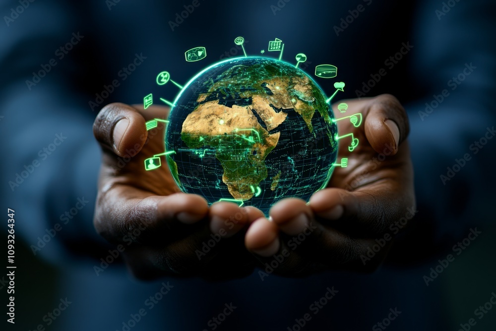 Aufkleber a person holding a vibrant holographic display of the earth, surrounded by speech bubbles in various