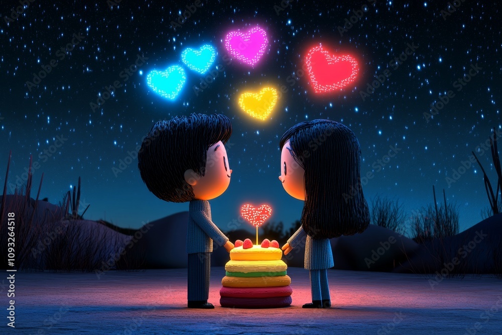 Poster A pixel art scene of a couple holding hands by a glowing pixelated cake, with hearts floating above them