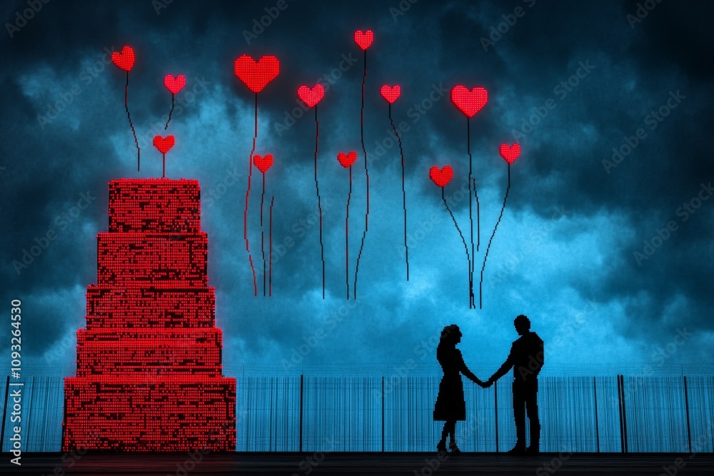 Poster A pixel art scene of a couple holding hands by a glowing pixelated cake, with hearts floating above them