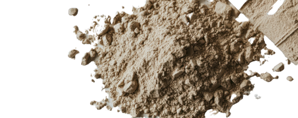 Plant protein powder scattered neatly, the fine texture displayed on a white background.